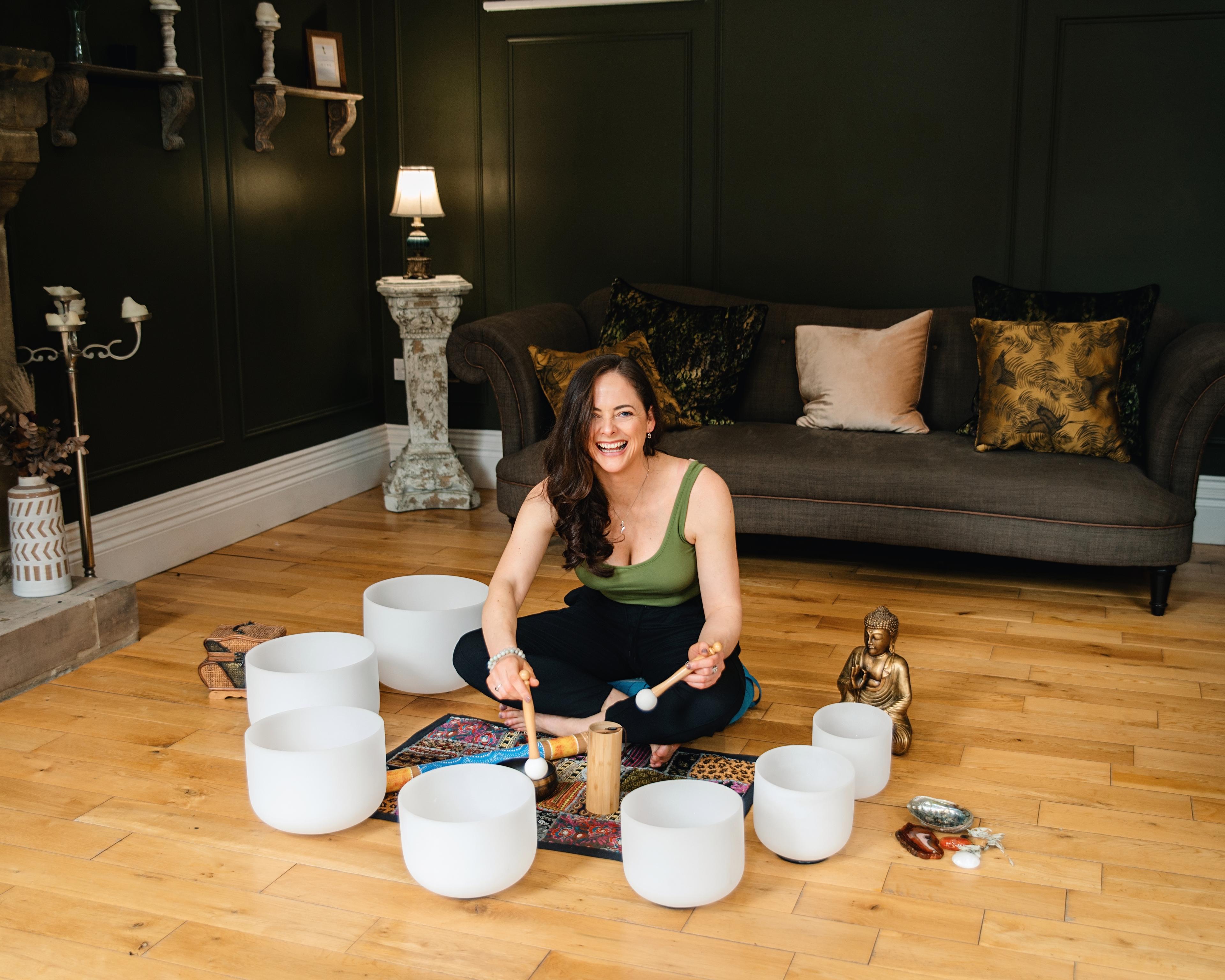 Natalie with sound healing bowls